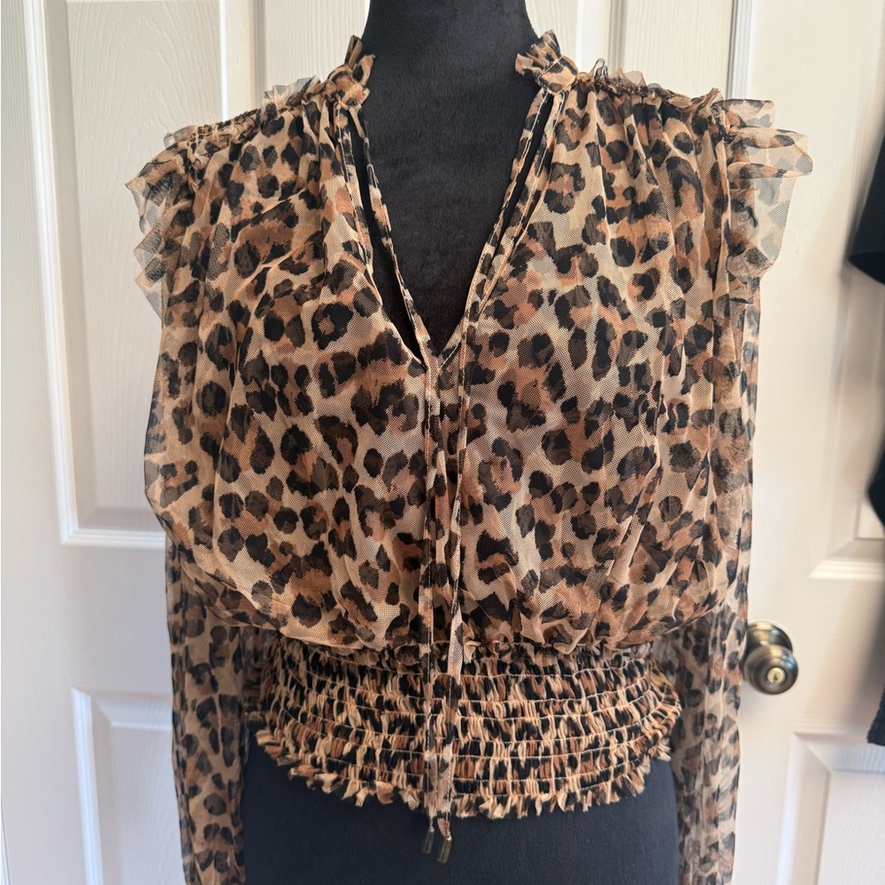 Free People Leopard-Print Ruffle Sleeve Blouse — Brown/Tan
